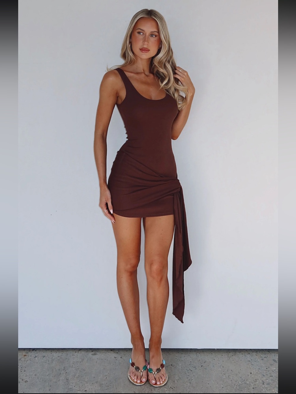White Fox Boutique Chocolate Brown Asymmetric Knot Mini Dress